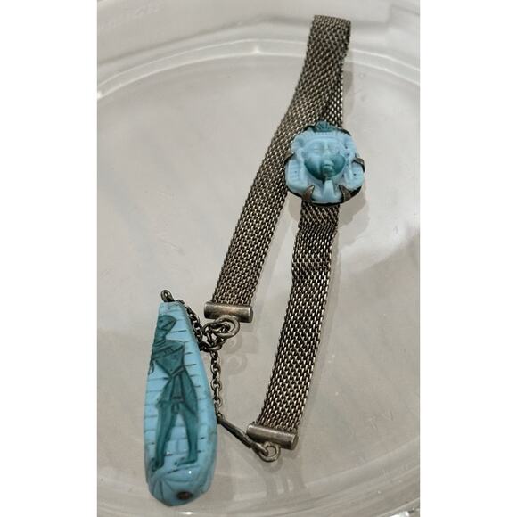 Antique Foster & Bailey Sterling Mesh Egyptian Revival BRACELET w/Neiger Glass - Picture 3 of 6